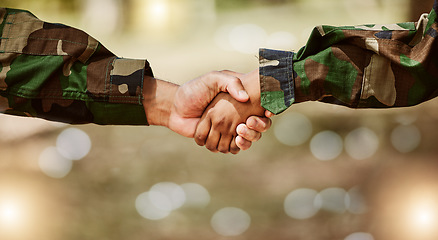 Image showing Army, camouflage and handshake for peace deal, problem solving and support for world solidarity. Partnership, connection and military people shaking hands in trust, agreement or mission cooperation.