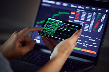 Image showing Woman, hands and phone on stock market for financial profit, increase or coding at night by the office. Female person, trader or broker on mobile smartphone in trading, exchange or finance investment