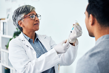 Image showing Senior doctor, woman and prepare with needle for patient for healthcare at hospital for treatment. Consultation, medicine and medical professional with syringe for checkup, injection and vaccine.