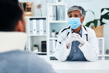 Image showing Consultation, doctor and patient with a neck brace in the hospital after an injury or accident. Concern, career and male at medical checkup with a female healthcare worker in her office at the clinic