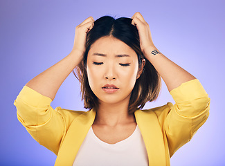 Image showing Thinking, anxiety and woman with stress in crisis, accident or mistake in business, startup or fail in professional career. Frustrated, face and sad Asian businesswoman with hand, decision or choice