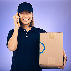 Image showing Happy asian woman, phone call and box for delivery, courier service or logistics against a purple studio background. Portrait of female person talking on smartphone with package, parcel or order