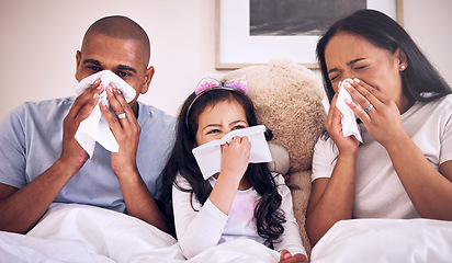 Image showing Family, sick and blowing nose on a bed together in a bedroom with allergy or virus and wipe with tissue. Disease, mother and father with kid or child with cold, flu and in winter as parents and girl