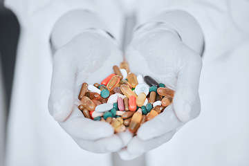 Image showing Pharmacy, medicine and pills with hands of doctor for offer, wellness and supplements. Pharmacist, medical and healthcare with closeup of person and capsules for vitamins, product and prescription