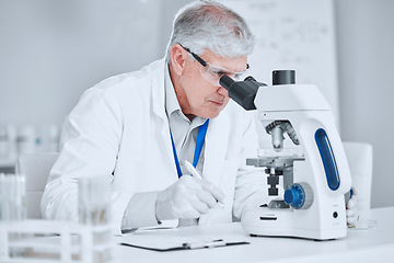 Image showing Microscope, healthcare and research with old man in laboratory for pharmacy, medical and vaccine. Chemistry, science and medicine with scientist and study for solution, development and sample results