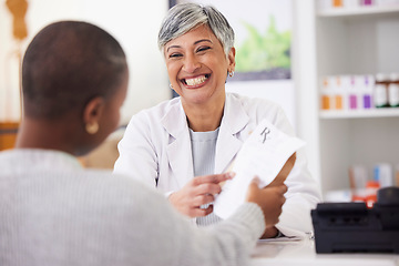 Image showing Senior pharmacist woman, customer and paper with smile, prescription and pointing with advice. Mature pharmacy manager, document and helping hand for wellness, healthcare and retail store for drugs