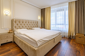 Image showing Beige modern bedroom interior with double bed