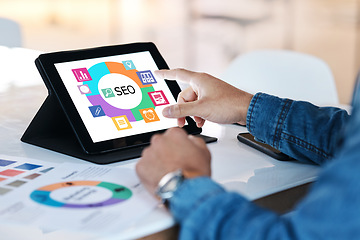 Image showing Hands, business and tablet screen for seo, networking and graphic of target audience research. Closeup worker, person or technology of search engine optimization, paper and planning digital marketing