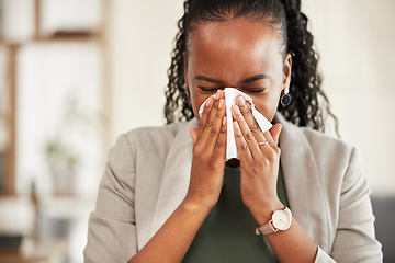 Image showing Blowing nose, business and sick black woman with tissue for hayfever, allergies and flu symptoms. Health, corporate and female worker with handkerchief for cold, sinus problem and infection in office