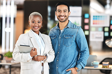 Image showing Tablet, teamwork and portrait of employees happy for startup financial growth on a website, web or internet. Smile, technology and business people or team in collaboration for an online proposal