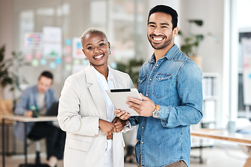 Image showing Tablet, about us and portrait of employees happy for startup financial growth on a website, web or internet. Smile, technology and business people or team in collaboration for an online proposal