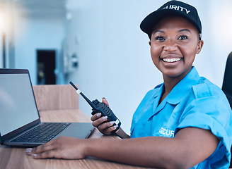 Image showing Security guard, communication and officer with smile use walkie talkie or radio for an emergency or criminal. Protection, safety and black woman talking in a law enforcement service office for crime