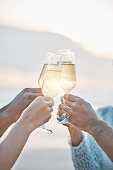 Image showing Sunset, friends and hands toast with champagne, having fun or bonding together. Vacation, group and people cheers with wine glass, alcohol or drink for celebration on holiday, summer or party outdoor