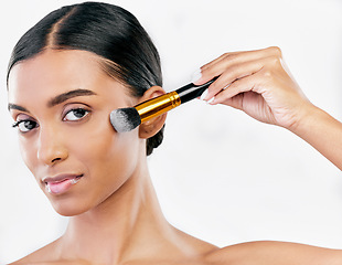 Image showing Portrait, skincare and woman with makeup, brush and dermatology against a white studio background. Face, female person and model with cosmetics tool, beauty and luxury with wellness or organic facial