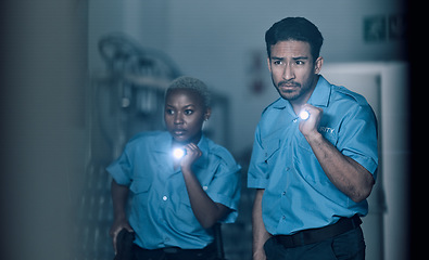 Image showing Security, surveillance and team of police investigation of crime in store at night using torch or flashlight for protection. Teamwork, emergency and professional safety employees search for criminal