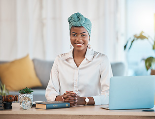 Image showing Happy, desk and portrait of a black woman for remote work, entrepreneurship or home management. Smile, business and an African employee or girl at a table in a house for a professional workspace