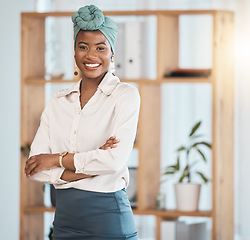 Image showing Happy, arms crossed and business with portrait of black woman in office for lawyer, advocate and professional. Corporate, pride and legal with person in workplace for attorney, justice and mindset