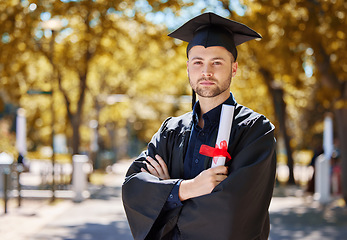 Image showing Graduation, diploma and arms crossed with man portrait with education paper and serious outdoor. Vision, certificate and male student with scholarship and university degree with graduate and study