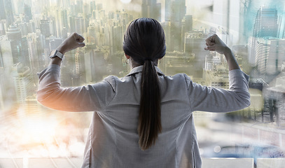 Image showing Power, overlay and business woman in a city office flexing for corporate company success and with winning mindset. Buildings, innovation and back view of entrepreneur with a future of growth or goal