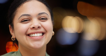 Image showing Face, happy and portrait of woman accountant and proud with bokeh, mockup and confident for work or job. Head, looking and young female person with positive mindset, inspiration and motivation