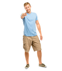 Image showing Happy, pointing at you and portrait of a man in studio for accountability, nomination or motivation. Male model with hand sign for choice, opportunity or casual fashion isolated on white background