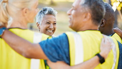 Image showing Volunteers, hug and support for meeting at park for charity with smile for community in outdoor. Ngo, help and clean at outdoor with care for project or campaign for public or environment.