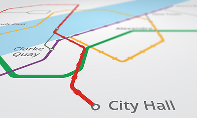 Image showing Gps, map and navigation for travel or location with roadmap lines, dots or city hall pin on street. Abstract, background and technology or system to search place, route or destination in Singapore