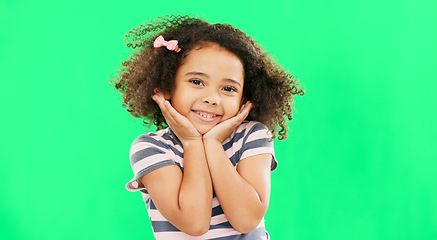 Image showing Happy, little girl and green screen with smile of cute innocent child isolated against a studio background. Portrait of adorable female kid smiling with teeth for childhood youth on chromakey mockup