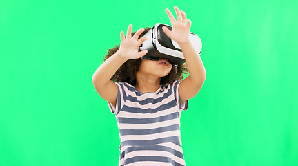 Image showing Metaverse, green screen and girl with virtual reality glasses, futuristic and online games. Young person, female child and kid with vr, gamer and headset for gaming, innovation and digital eyewear