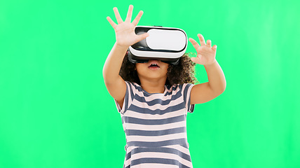 Image showing Metaverse, green screen and girl with virtual reality glasses, futuristic and online games. Young person, female child and kid with vr, gamer and headset for gaming, innovation and digital eyewear