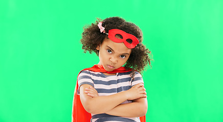 Image showing Child, superhero and hand on green screen to stop crime and fight with fantasy, dream or cosplay costume. Girl power, hero and pretend game with strong kid portrait to protect freedom of imagination