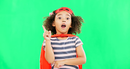 Image showing Thinking, superhero and child on green screen with idea stop crime and fight with fantasy or cosplay costume. Girl power, hero and pretend game with strong kid portrait to protect freedom and justice