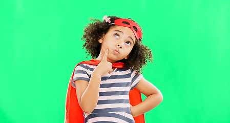 Image showing Child, superhero and thinking on green screen to stop crime and fight with fantasy or cosplay costume. Girl power, hero and pretend game with strong kid portrait to protect freedom idea for justice