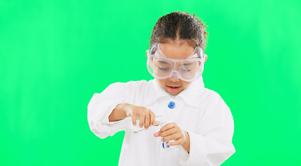 Image showing Science, test tube and child pour liquid on green background for learning, lesson and lab exam. Education, scientist and girl in ppe for scientific test, chemistry or research experiment in studio