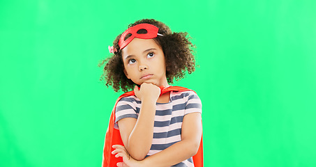 Image showing Green screen, superhero and child thinking of idea to stop crime and fight with fantasy or cosplay costume. Girl power, hero and pretend game with strong kid to protect freedom and justice with space