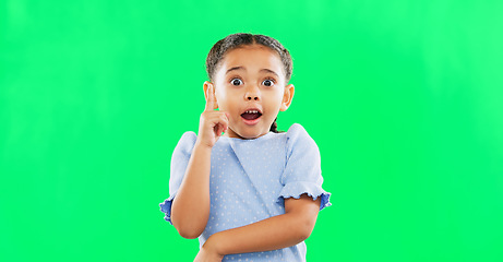 Image showing Face, green screen and child in studio with idea, answer or solution, happy and excited on mockup background. Portrait, wow and girl with surprised, emoji and lightbulb moment or eureka isolated