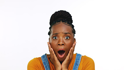 Image showing Face, surprise and black woman with shock, surprised and girl isolated on white studio background. Portrait, African American female and lady with shocked facial expression, news and announcement wit