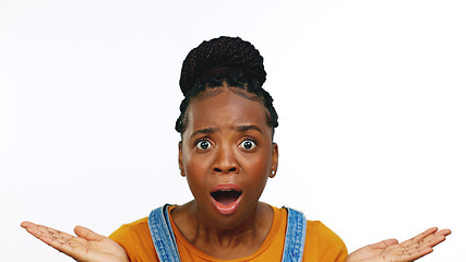 Image showing Face, surprise and black woman with shock, excited and girl isolated on white studio background. Portrait, African American female and lady with facial expression, news and announcement with emoji