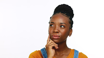 Image showing Thinking, confused and portrait of a black woman with an idea isolated on a white background. Planning, strategy and African girl with doubt about a solution, inspiration and wondering about a plan