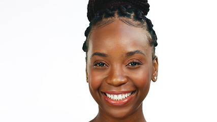 Image showing Face, smile and laughter with a black woman in studio isolated on a white background for fun or humor. Portrait, happy and laughing with an attractive young female enjoying a joke or funny meme