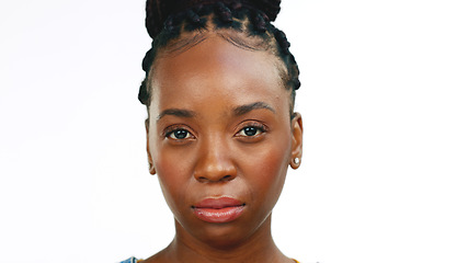 Image showing Black woman, face and serious, thinking and mental health, psychology and emotion, worried isolated on white background. Emotional, portrait and female reflection on life, unhappy and sad with mockup