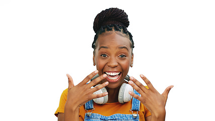 Image showing Black woman, studio and excited face with hand gesture, fashion or smile by isolated white background. Happy gen z model, african girl or funny hands for comic laugh, playful or crazy with headphones