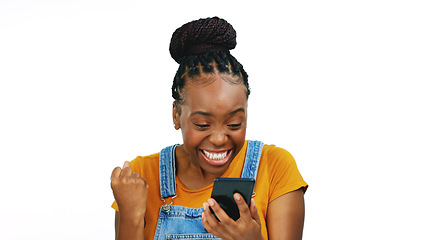 Image showing Surprise, winner and excited black woman with phone on white background with victory, bonus and success. Wow, celebration and happy girl with smartphone for good news, achievement and winning online