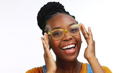 Image showing Portrait, African American female and lady with eyewear, smart or confident with spectacles. Face, black woman and glasses for clear vision, excited and happy girl isolated on white studio background