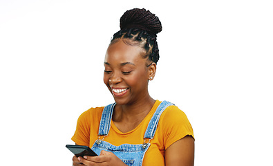 Image showing Smile, laugh and happy black woman with phone on white background for funny meme, humor and comic text. Communication, social media and girl with smartphone internet, message and online website