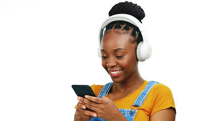 Image showing Happy female, radio streaming with fun and enjoy playlist with audio subscription and mockup. Black woman listening to music with headphones, smartphone and dancing isolated on white background.