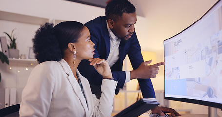 Image showing Business people, night and team talking at computer for deadline, project report and corporate collaboration. Employees, discussion and planning at desktop with paperwork, overtime or online research