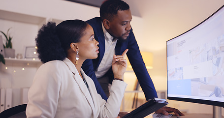 Image showing Business people, documents and team discussion at night for project deadline, report and corporate collaboration. Employees working overtime with paperwork, planning strategy and conversation at desk