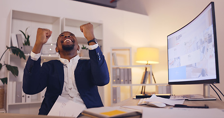 Image showing Happy man throw papers in office success, winning or business celebration news, goals or happy bonus on computer at night. Winner or african person with fist pump, documents and celebrate opportunity