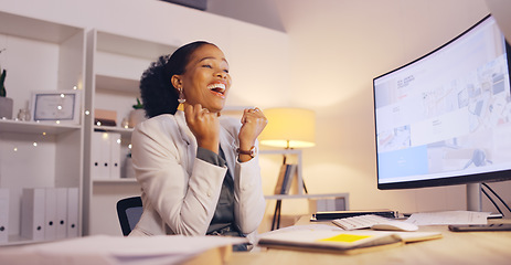 Image showing Happy woman throw paperwork in success, winning or business celebration of news, goals or happy bonus at night. Winner or african person, fist pump and documents to celebrate opportunity on computer